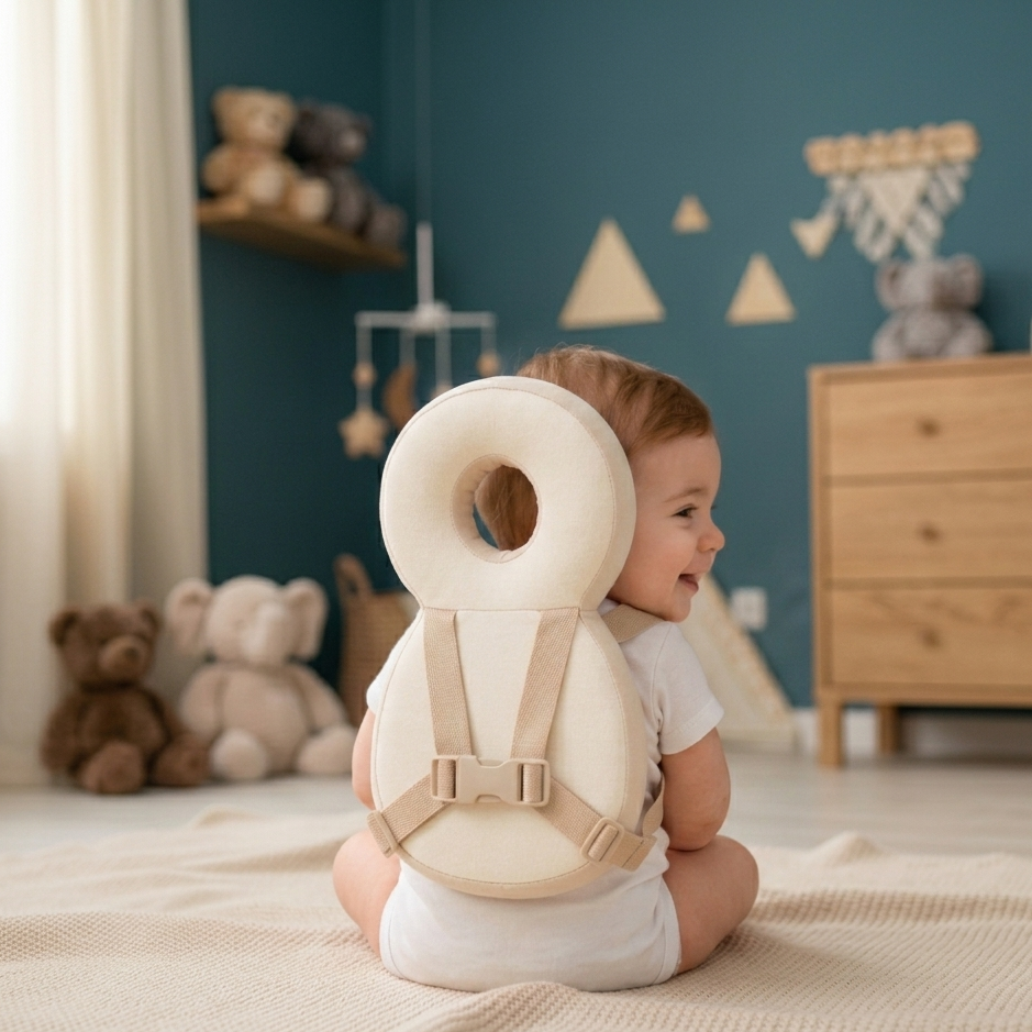 A baby sitting on a cream blanket in a nursery, wearing a beige and off-white baby support seat with a donut-shaped backrest.