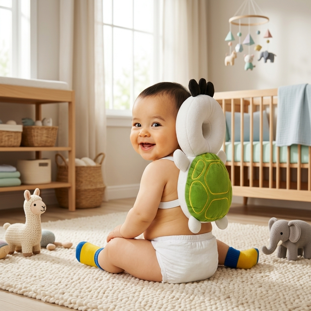 A baby sitting on a cream rug in a bright nursery, wearing a white diaper and socks, with a green and white turtle-shaped baby backpack on their back.