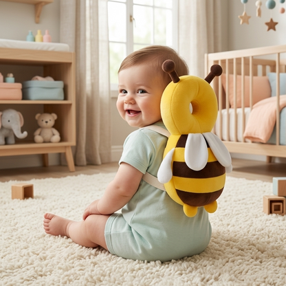 A baby sitting on a cream rug in a softly lit nursery, wearing a plush bee backpack. The backpack is yellow and black with white wings and is shown from the back as the baby looks over their shoulder.