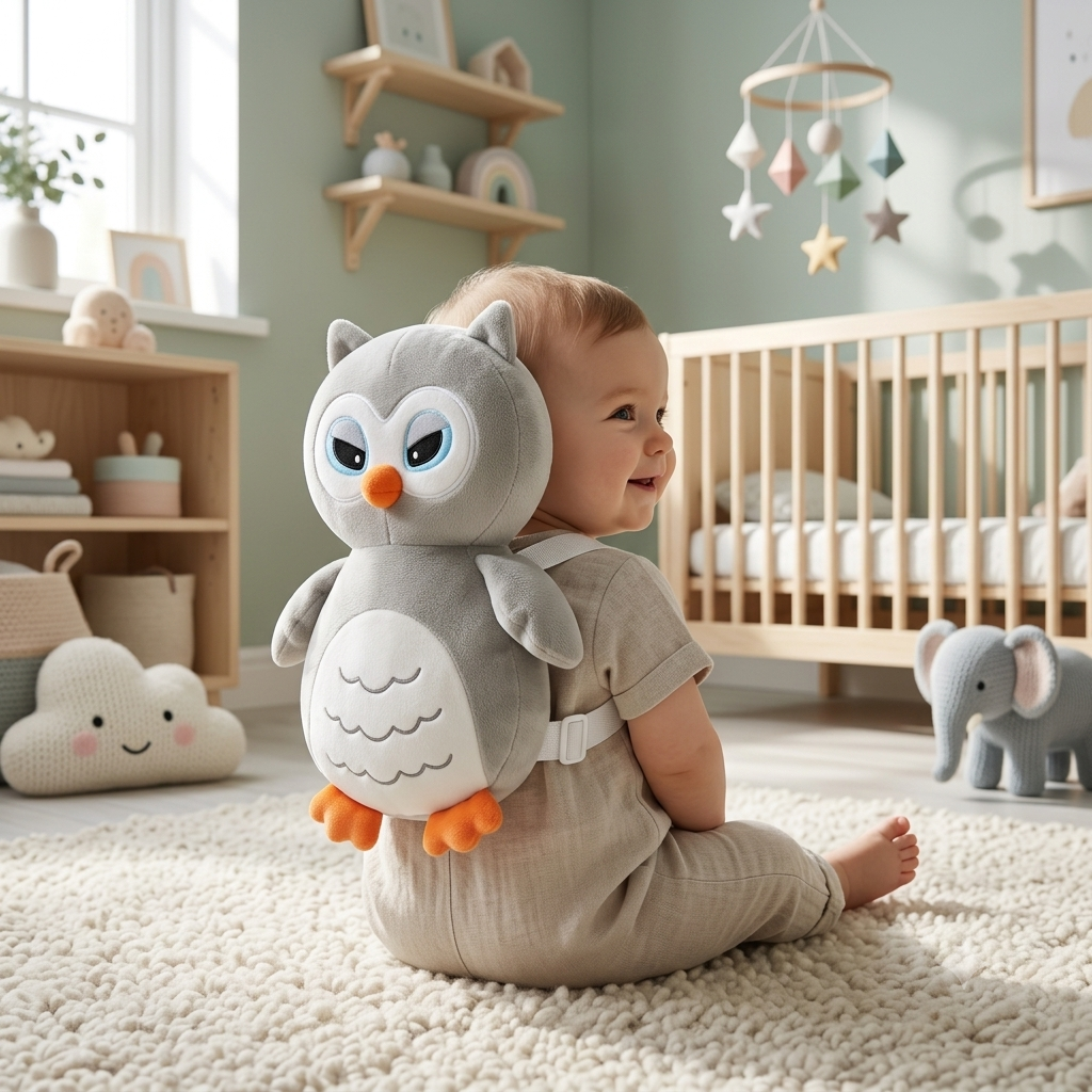 A baby wearing a plush owl-shaped backpack sits on a cream carpet in a softly lit nursery. The backpack is light gray with white details, large blue eyes, and orange feet and beak.