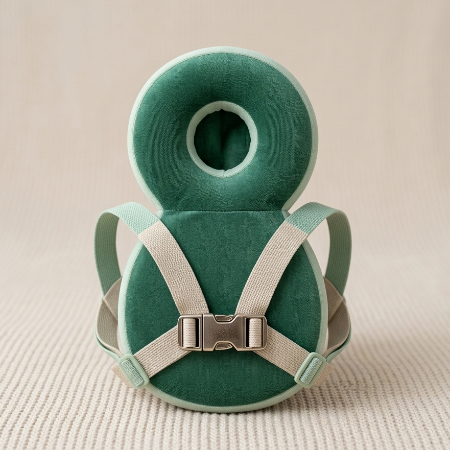 A mint green baby car seat harness with a matching head support ring, featuring adjustable webbing straps and a silver buckle, set against a neutral cream background.