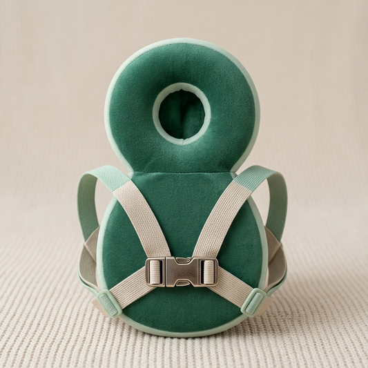 A mint green baby car seat harness with a matching head support ring, featuring adjustable webbing straps and a silver buckle, set against a neutral cream background.