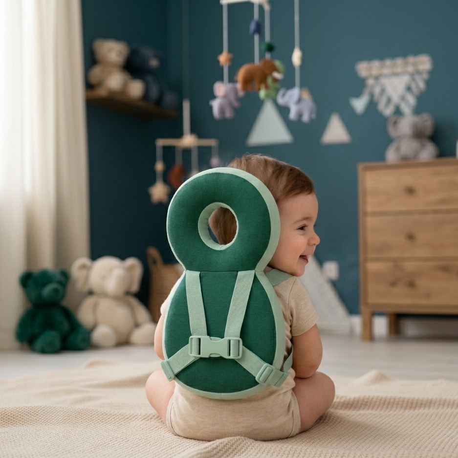 A baby sitting on a cream blanket in a nursery, wearing a dark green and mint green baby support seat/hip seat with a buckle strap.