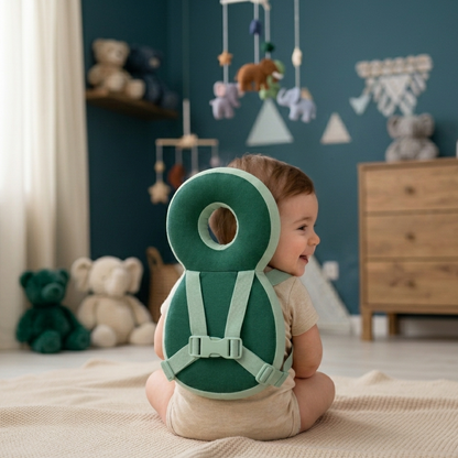 A baby sitting on a cream blanket in a nursery, wearing a dark green and mint green baby support seat/hip seat with a buckle strap.