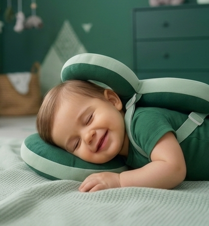 A baby wearing a green and mint green safety sleep helmet and harness, lying on a light green textured blanket in a nursery setting.