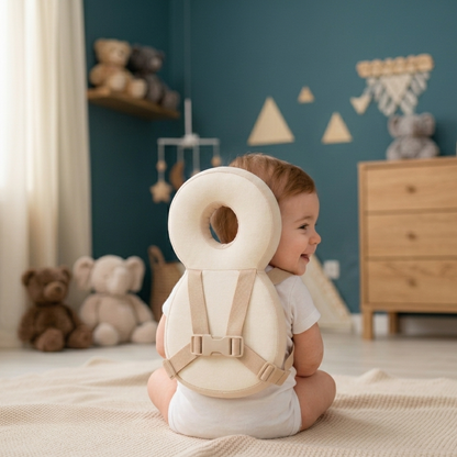 A baby sitting on a cream blanket in a nursery, wearing a beige and off-white baby support seat with a donut-shaped backrest.