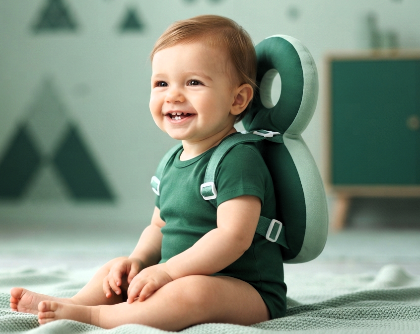 A baby wearing a green short-sleeve bodysuit sits smiling in a green and white baby support seat with straps, set against a softly blurred nursery background.